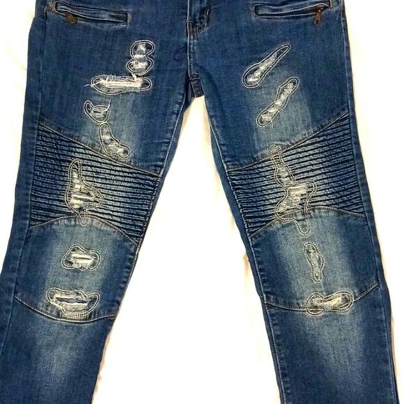 VIP Jeans Women Sz 11 12 Blue Fancy Distressed Skinny Fray Boho Hip Hop Designer - Picture 3 of 16